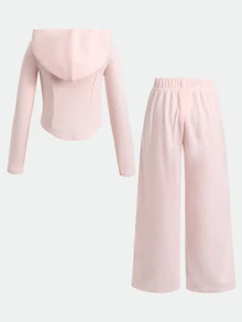 SHEIN Young Girl Young Girl Young Girl Young Girl Fashion Casual Knit Solid Color Hooded Jacket Set - Pink - View 6