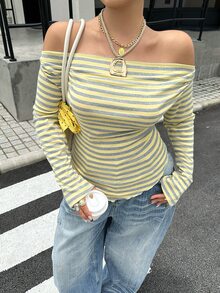 Muchica 大尺碼女款條紋針織露肩長袖休閒性感修身T恤，秋季約會之夜正式場合女孩之夜生日穿搭，柔和黃色 - 彩色 - 查看 2