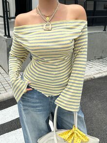 Muchica 大尺碼女款條紋針織露肩長袖休閒性感修身T恤，秋季約會之夜正式場合女孩之夜生日穿搭，柔和黃色 - 彩色 - 查看 4