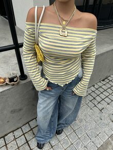 Muchica 大尺碼女款條紋針織露肩長袖休閒性感修身T恤，秋季約會之夜正式場合女孩之夜生日穿搭，柔和黃色 - 彩色 - 查看 5