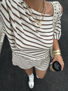 Muchica Plus Size Casual Asymmetric Shoulder Colorblock Knit Top And Shorts Set Fall - Apricot - View 3