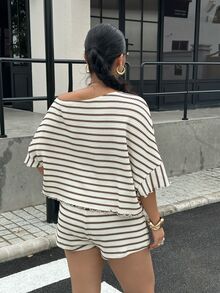Muchica Plus Size Casual Asymmetric Shoulder Colorblock Knit Top And Shorts Set Fall - Apricot - View 2