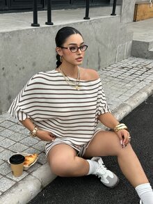 Muchica Plus Size Casual Asymmetric Shoulder Colorblock Knit Top And Shorts Set Fall - Apricot - View 4