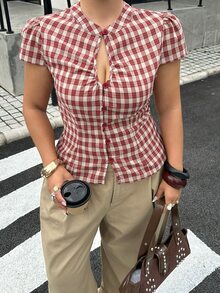 Muchica Plus Size Women's Plaid Pleated Casual Versatile Everyday Outing Shirt - Red - View 3