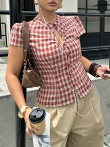 Muchica Plus Size Women's Plaid Pleated Casual Versatile Everyday Outing Shirt - Red - View 4