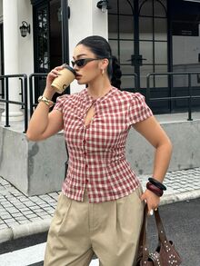 Muchica Plus Size Women's Plaid Pleated Casual Versatile Everyday Outing Shirt - Red - View 5