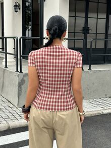 Muchica Plus Size Women's Plaid Pleated Casual Versatile Everyday Outing Shirt - Red - View 2