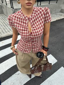 Muchica Plus Size Women's Plaid Pleated Casual Versatile Everyday Outing Shirt - Red - View 6