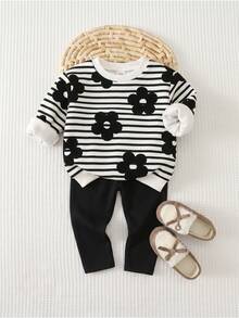 Babygirl Cute Floral & Striped Pattern Sweatshirt And Elastic Waist Pants Set - Multicolor - View 4