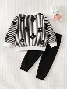 Babygirl Cute Floral & Striped Pattern Sweatshirt And Elastic Waist Pants Set - Multicolor - View 2