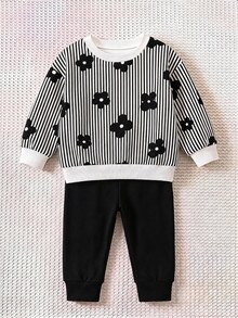 Babygirl Cute Floral & Striped Pattern Sweatshirt And Elastic Waist Pants Set - Multicolor - View 5