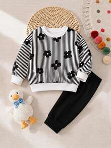 Babygirl Cute Floral & Striped Pattern Sweatshirt And Elastic Waist Pants Set - Multicolor - View 3