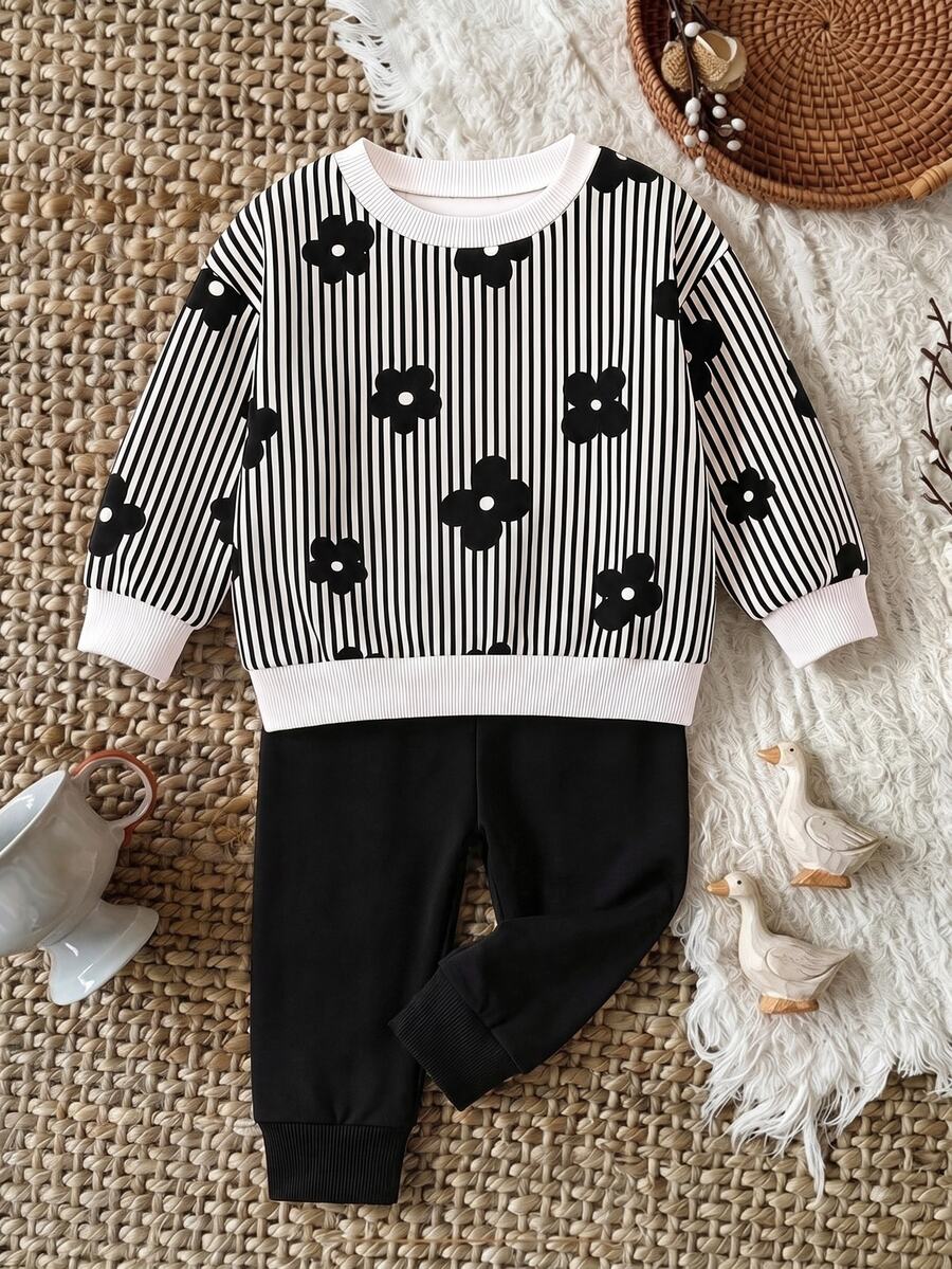 Babygirl Cute Floral & Striped Pattern Sweatshirt And Elastic Waist Pants Set - Multicolor - View 1