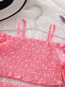 SHEIN Atasan model bahu terbuka berkerut motif hati dan rok berpotongan berlapis untuk anak perempuan, cocok untuk musim gugur. - Berwarna merah muda - View 5