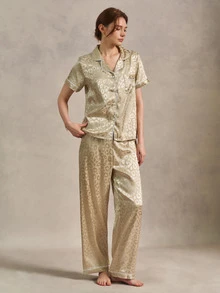 EverLounge Satin Jacquard Collar Open Front Women's Pajama Set - Champagne - View 4