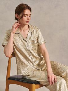 EverLounge Satin Jacquard Collar Open Front Women's Pajama Set - Champagne - View 6