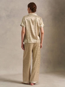 EverLounge Satin Jacquard Collar Open Front Women's Pajama Set - Champagne - View 2