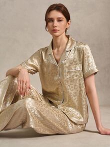EverLounge Satin Jacquard Collar Open Front Women's Pajama Set - Champagne - View 1