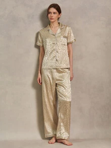 EverLounge Satin Jacquard Collar Open Front Women's Pajama Set - Champagne - View 3