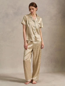 EverLounge Satin Jacquard Collar Open Front Women's Pajama Set - Champagne - View 5