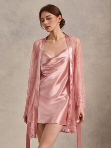 EverLounge Women's Lace Trimmed Sleepwear Set Pajama Set, Fall Winter Clothes - Coral Pink - View 1