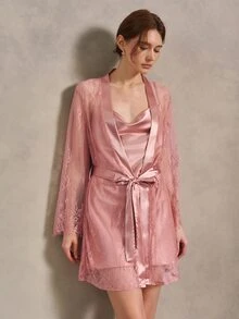 EverLounge Women's Lace Trimmed Sleepwear Set Pajama Set, Fall Winter Clothes - Coral Pink - View 5