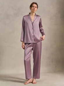 EverLounge Shawl Collar Satin Pajama Set, Fall Winter Clothes - Dusty Purple - View 3