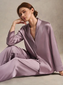 EverLounge Shawl Collar Satin Pajama Set, Fall Winter Clothes - Dusty Purple - View 1