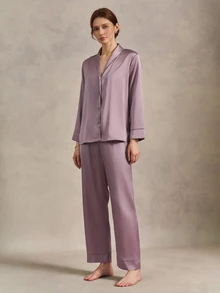 EverLounge Shawl Collar Satin Pajama Set, Fall Winter Clothes - Dusty Purple - View 4