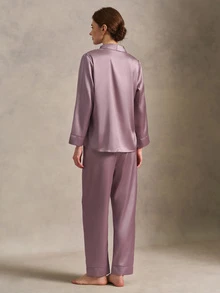 EverLounge Shawl Collar Satin Pajama Set, Fall Winter Clothes - Dusty Purple - View 2