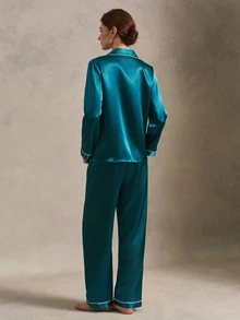 EverLounge 女士撞色包边翻领长袖睡衣套装，秋冬服装 - 水鴨藍 - 查看 6