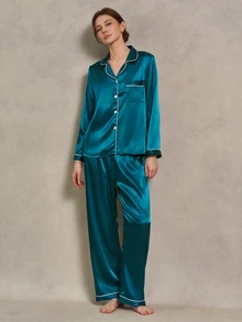 EverLounge 女士撞色包边翻领长袖睡衣套装，秋冬服装 - 水鴨藍 - 查看 3