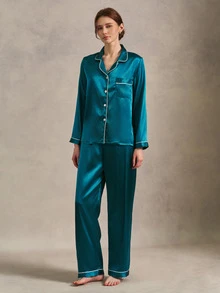 EverLounge 女士撞色包边翻领长袖睡衣套装，秋冬服装 - 水鴨藍 - 查看 5