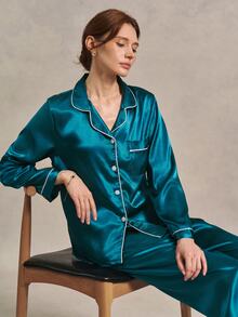 EverLounge 女士撞色包边翻领长袖睡衣套装，秋冬服装 - 水鴨藍 - 查看 2