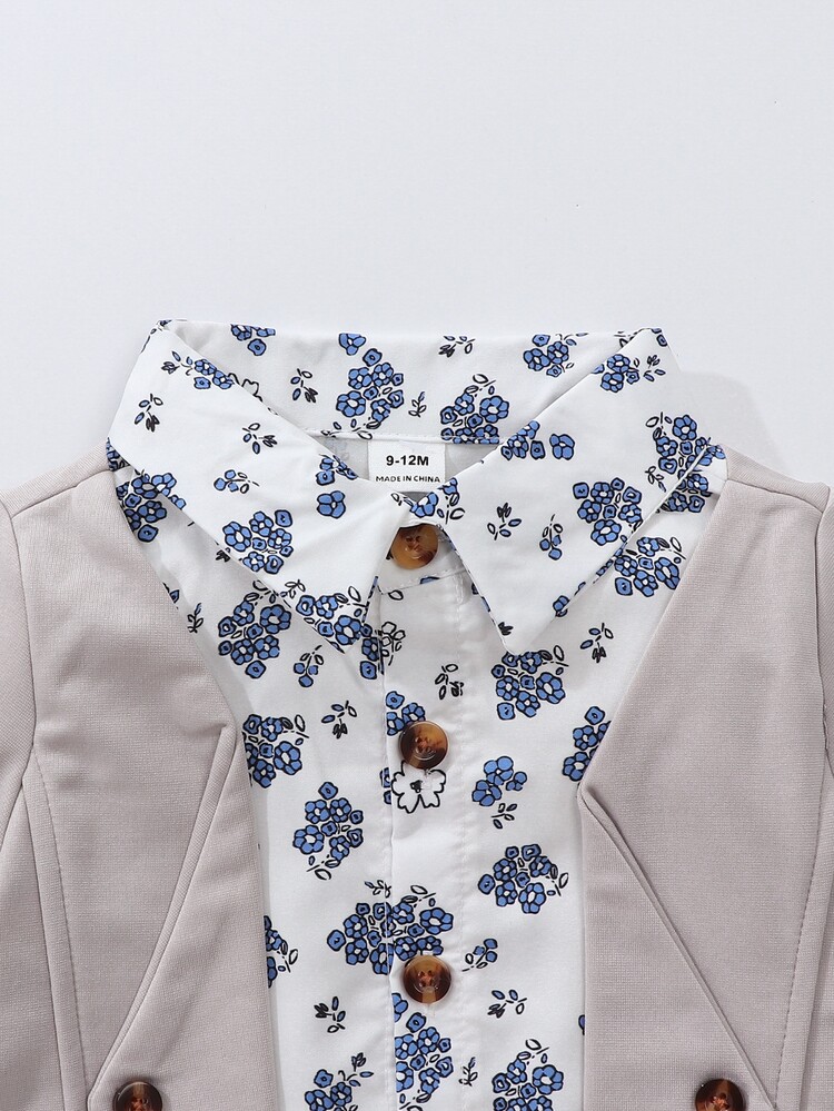 Souflis Souflis Baby Boy 2pcs Floral Printed Shirt-Style Jacket & Pants Set, Casual Outfit Suitable For Spring/Autumn - Grey - View 9