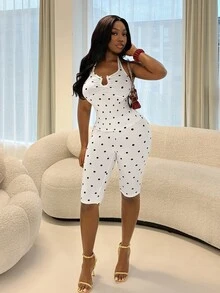Glyssa Polka Dot Sexy Outfit | Halter Neck Hollow Out + Slim FitBermuda Shorts, Suitable For Home And Outdoor Wear - Black and White - View 5