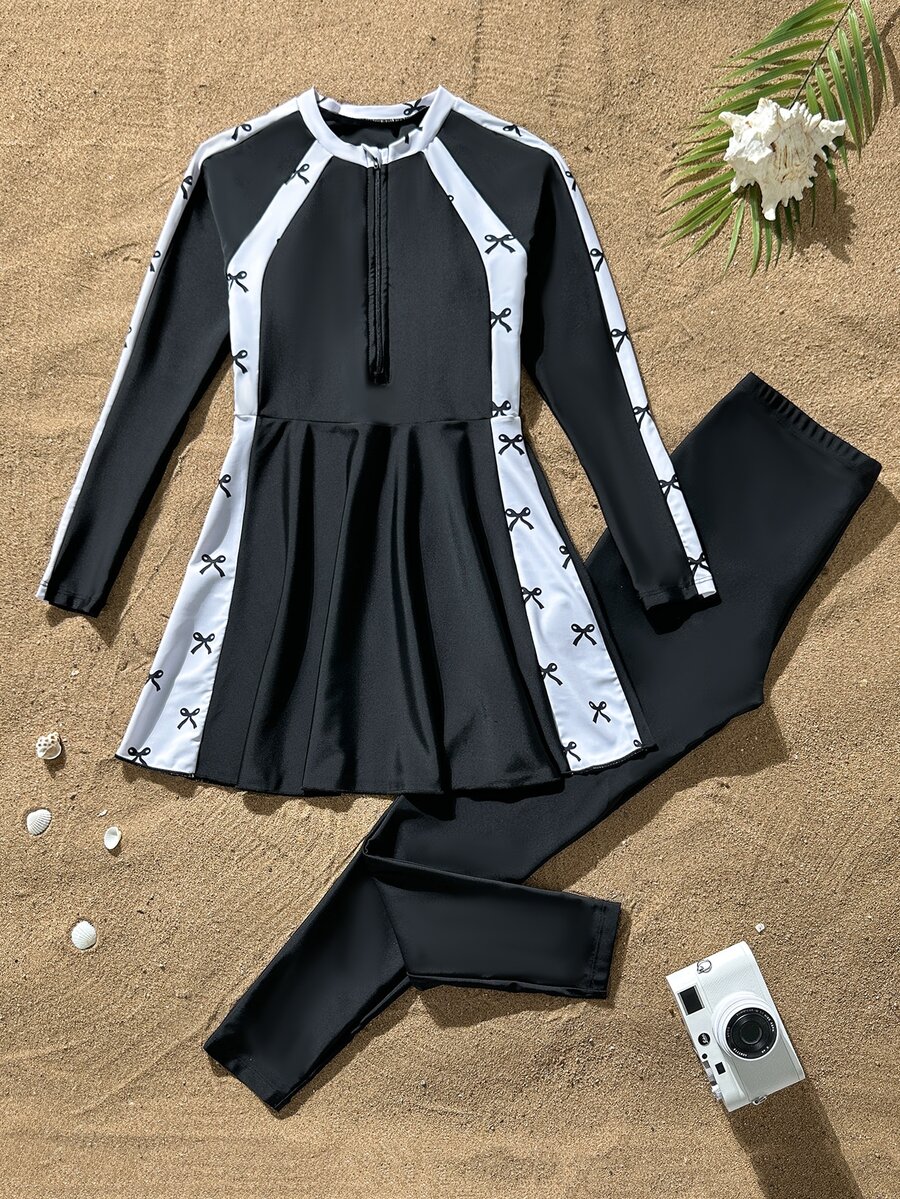 SHEIN Tween Girls Long Sleeve Sun Protection Zipper Black Solid Color Patchwork Black And White Base Bow Print Long Pants Two Pieces Swimwear Beach - Multicolor - View 1