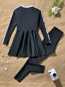 SHEIN 青少年女孩長袖防曬拉鍊黑色純色拼接黑白底蝴蝶結印花長褲兩件式泳衣沙灘裝 - 彩色 - 查看 3