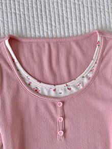 Comfortcana 女款 2 合 1 小碎花拼接鈕扣長袖 T 恤 - 粉色 - 查看 8
