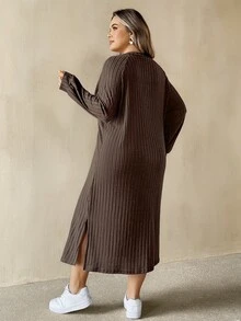 SHEIN CURVE+ Plus Size Versatile Retro Long Sleeve Side Slit Dress Fall - Brown - View 2