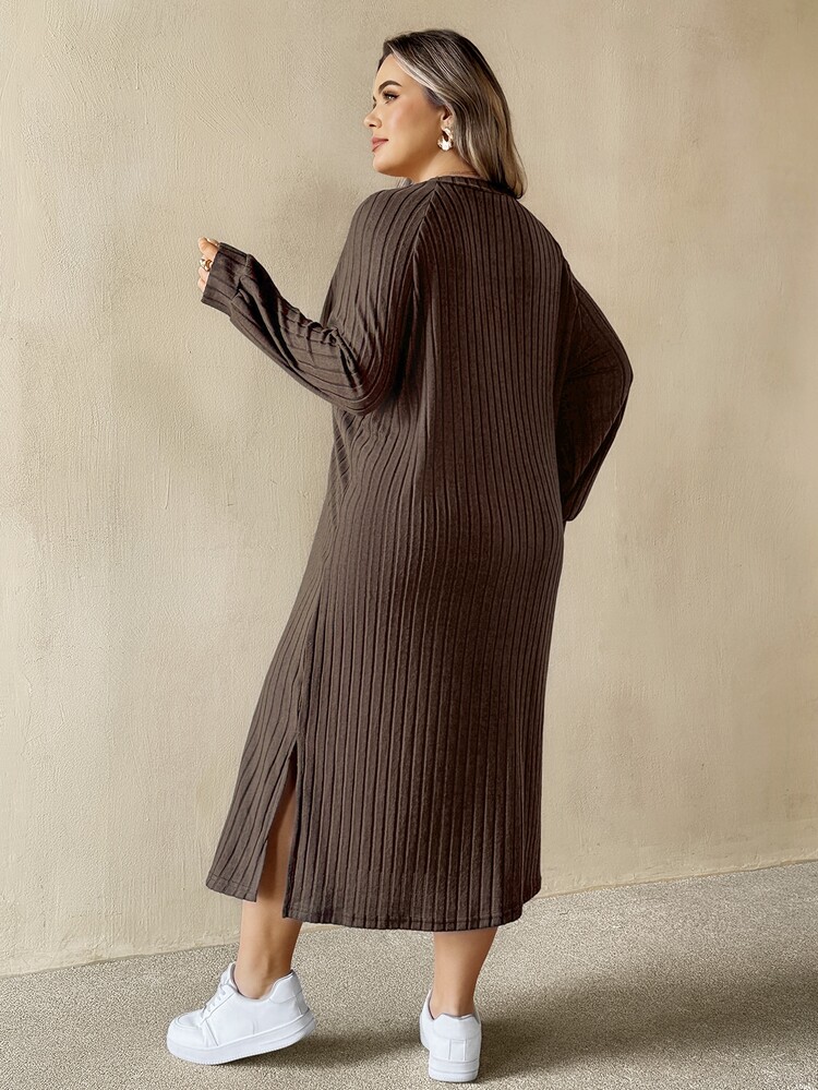SHEIN CURVE+ Plus Size Versatile Retro Long Sleeve Side Slit Dress Fall - Brown - View 2