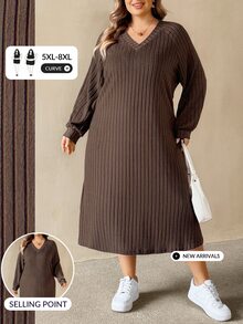SHEIN CURVE+ Plus Size Versatile Retro Long Sleeve Side Slit Dress Fall - Brown - View 1