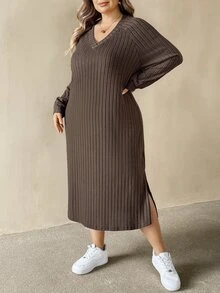 SHEIN CURVE+ Plus Size Versatile Retro Long Sleeve Side Slit Dress Fall - Brown - View 6