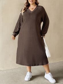 SHEIN CURVE+ Plus Size Versatile Retro Long Sleeve Side Slit Dress Fall - Brown - View 4