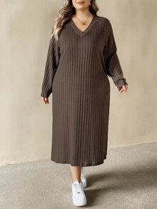 SHEIN CURVE+ Plus Size Versatile Retro Long Sleeve Side Slit Dress Fall - Brown - View 7