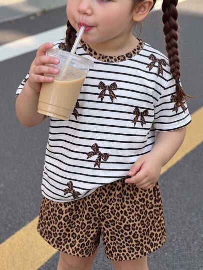 SHEIN 2pcs/Set Baby Girl Brown & White Vintage Leopard Print Striped Short Sleeve T-Shirt & Shorts Set, Cute Summer Outfit