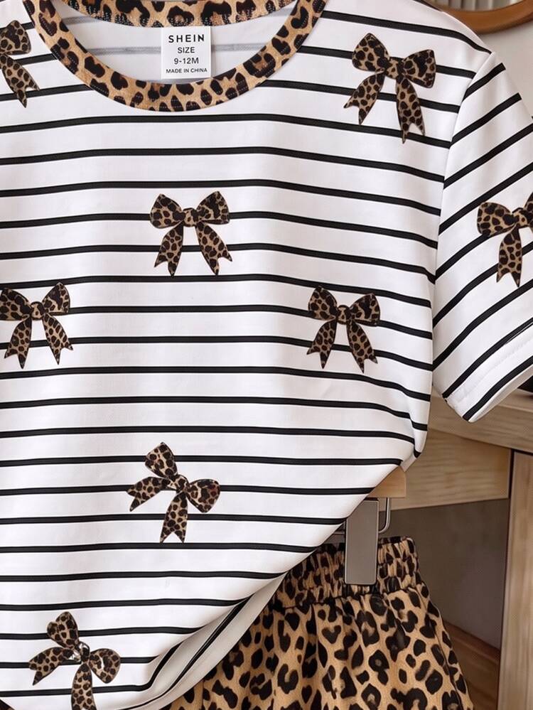 SHEIN 2pcs/Set Baby Girl Brown & White Vintage Leopard Print Striped Short Sleeve T-Shirt & Shorts Set, Cute Summer Outfit - Multicolor - View 3