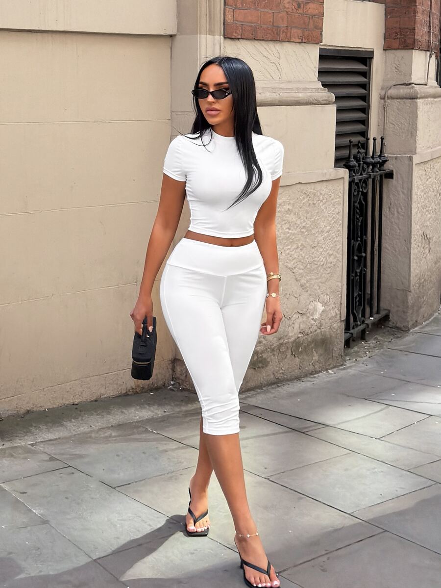 SHEIN SXY Women's Solid Color Cropped Top And Leggings 2 Pieces Set Gym All White Summer Casual Athleisure Active Everyday Work - White - View 1