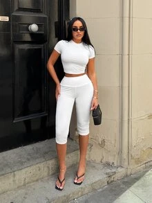SHEIN SXY Women's Solid Color Cropped Top And Leggings 2 Pieces Set Gym All White Summer Casual Athleisure Active Everyday Work - White - View 3