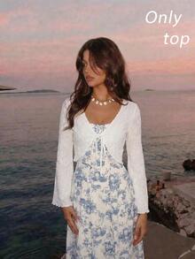 SHEIN MOD Vintage V-Neck Tie-Up Trumpet Sleeve Cropped White Top For Women - White - View 5